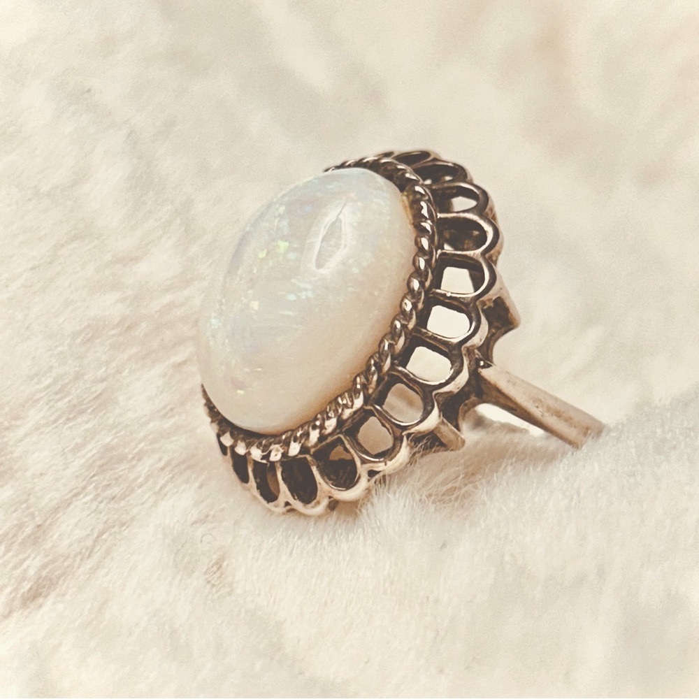 Rare Genuine Sterling Silver Precious Opal Cabochon Ring Size 6.25 (6 1/4)